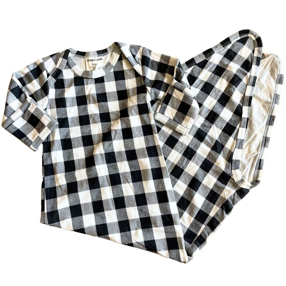 Spearmint Love‎ Bamboo Baby Black White Checkered Newborn Knotted Gown
